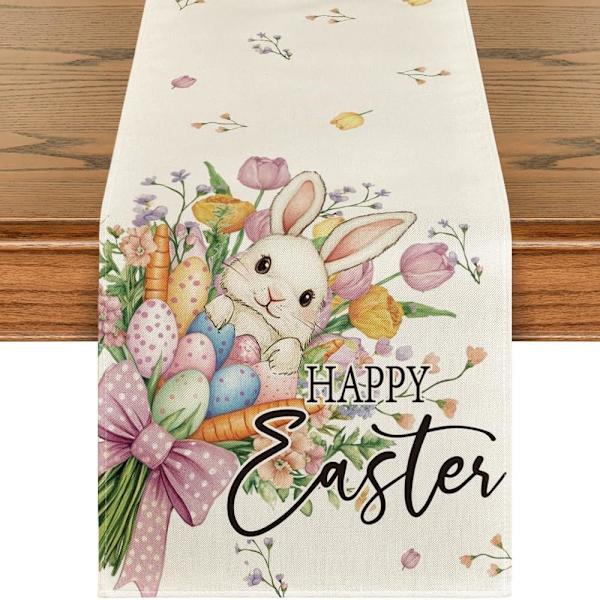 Table Runner Easter 183x33cm - Easter Table Decoration with Easter Bunny, Flowers & Eggs Spring Decoration for Home & Party E