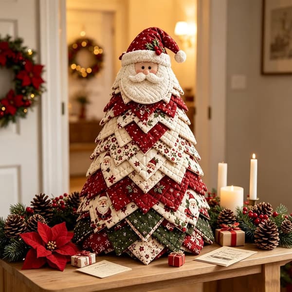 DIY Fabric 3D Christmas Tree, Quilted Patchwork Craft Kit for Beginners, Handmade Christmas Decoration for Table and Home Santa