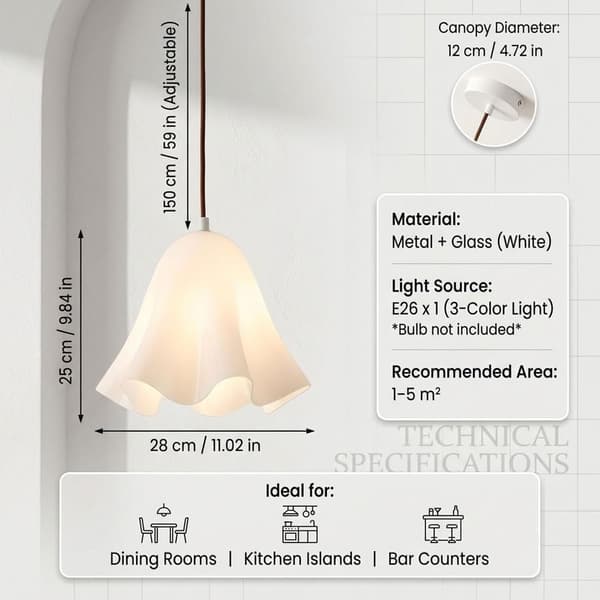 Flower-shaped pendant lamp in wavy glass, E27 socket and adjustable cord 150 cm, ceiling lamp for kitchen island and dining area Amber