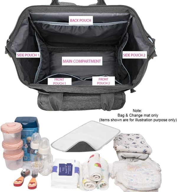Diaper Bag Backpack Baby Waterproof with Changing Pad, Pacifier Case, Bottle Holder & Stroller Hooks, Multifunctional Diaper Bag Light Grey