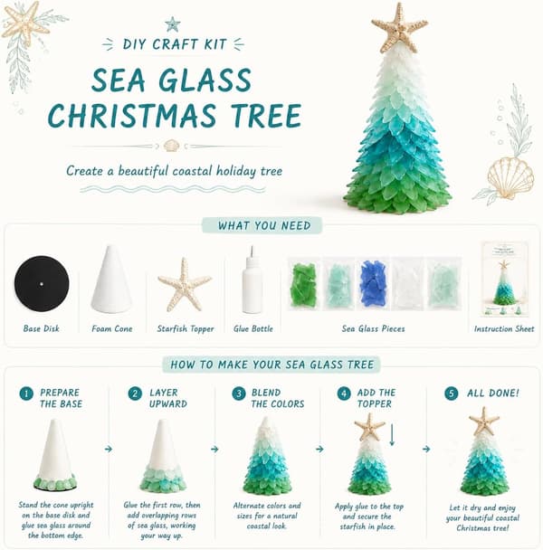 DIY Sea Glass Christmas Tree 15 cm, Creative Craft Kit with Beads, 3D Christmas Decoration for Table and Shelf E