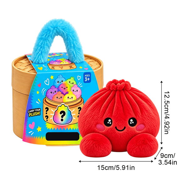 Dumpling Squishy i blødt plys, 15 cm, klemmelegetøj og fidget-legetøj i dumpling-form med dampkurv, rød