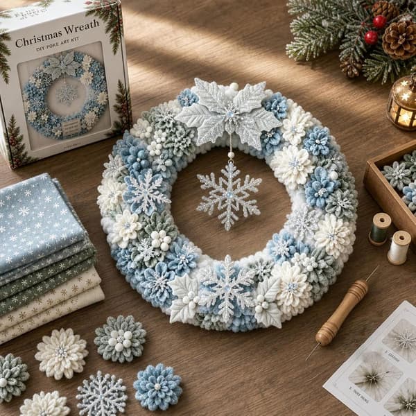 Julekrans 3D Stoff Poke Art DIY-sett for voksne (snøfnugg)