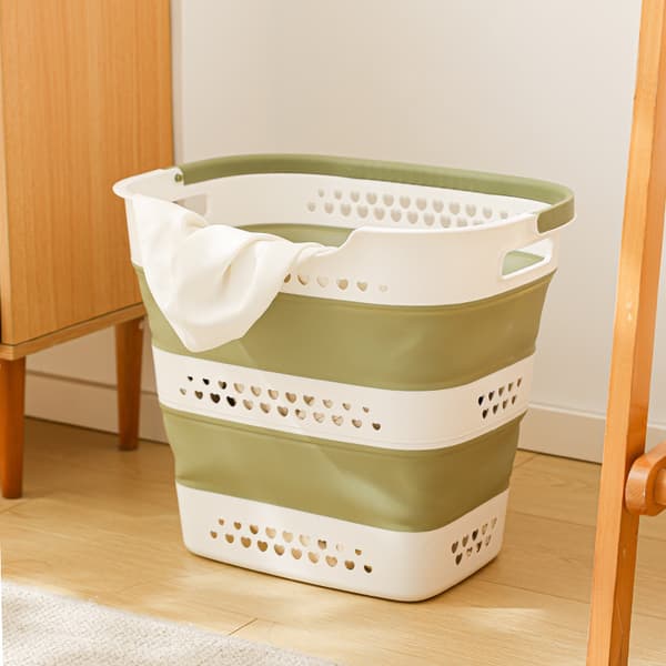Foldable Laundry Basket 42 L in Plastic with Handles, Lightweight and Ventilated for Clothes, Bathroom and Laundry Room Green