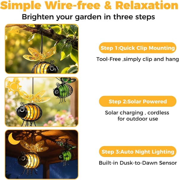 1/2-pack Hanging Solar Bee Light, Waterproof LED Garden Lighting for Garden, Patio, Balcony and Yard Red 2-PACK