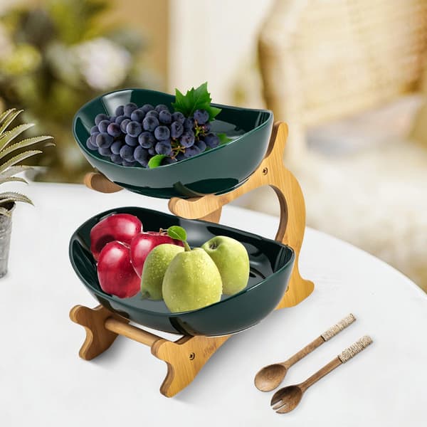 Fruit Stand 1/2/3 Tier Plastic Fruit Basket with Bamboo Tiered Tray for Kitchen & Serving Dark Green 2-Tier