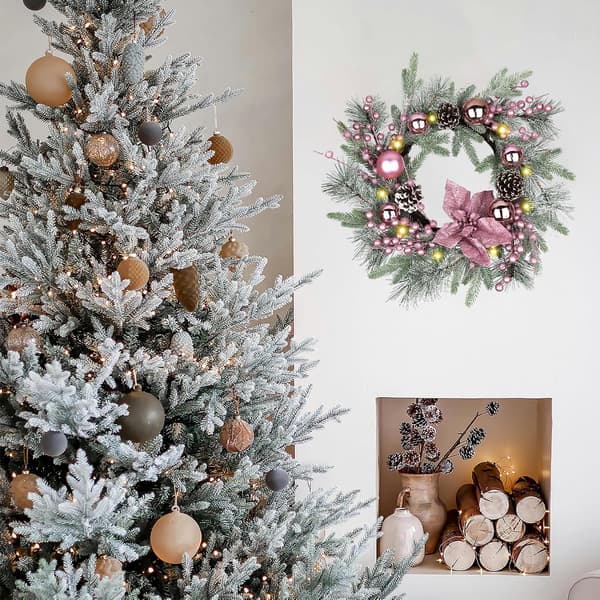 2-pak lyserøde julekranse 50 cm med LED-lys, julekugler, kogler, gyldne grene og sølvbær 50cm+light