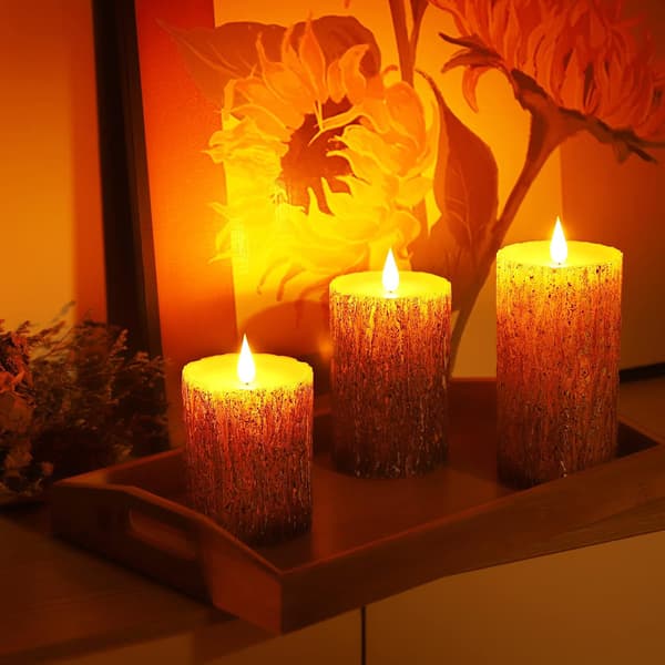 3-pack LED pillar candles with real wax and pine effect, flameless with 3D flickering flame, remote control and 24H timer