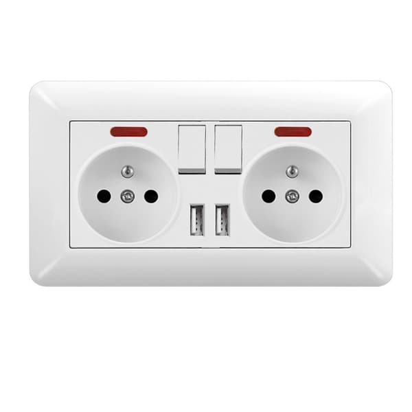 1/2 pcs Double Wall Socket 16A with 2 Switches, 2 LEDs and 2 USB – Built-in Power Outlet White 1-Pack
