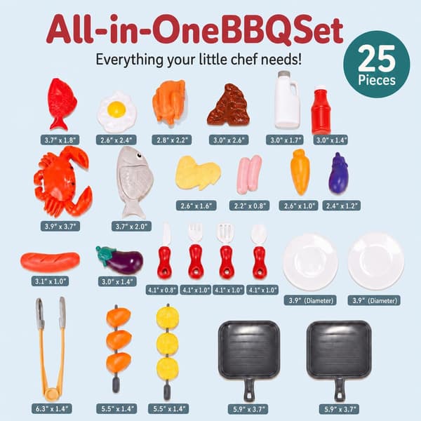 Legetøjsgrill til Børn 25 Dele, BBQ Grill Sæt med Madlegetøj og Tilbehør til Rolleleg, Piger og Drenge Blue