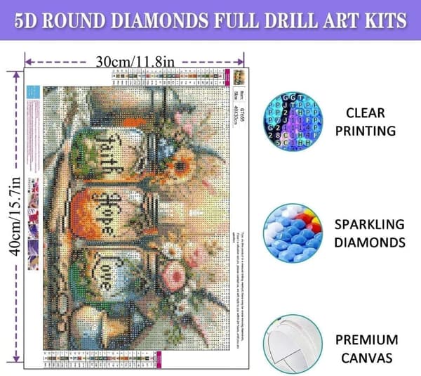 Önskeflaska 5D Diamantmosaik - Tro Hopp Kärlek, Full Drill DIY, Pärlkonst 40x30 cm