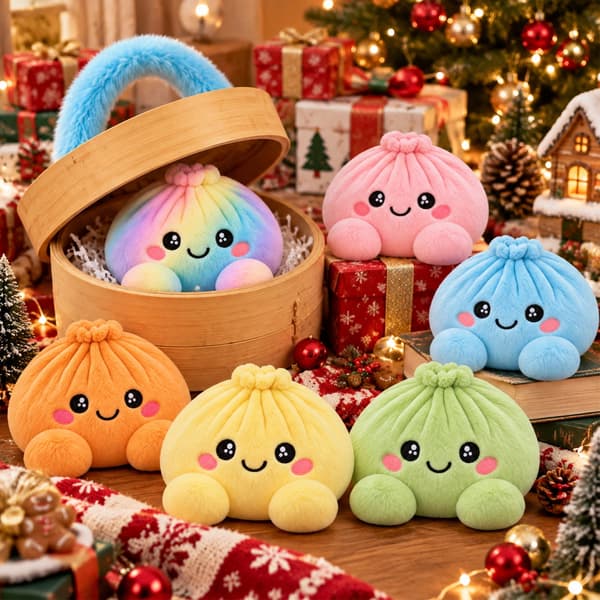 Dumpling Squishy i Blød Plys, 15 cm, Klemmelegetøj og Fidget-legetøj i Dumpling-form med Dampkurv, Lyserød