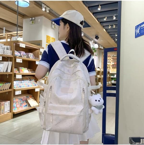 Girls' Backpack with Bear Pattern, Cute Nylon Backpack with Bear Pendant, Spacious Everyday and Travel Backpack 47x32x19 cm Black