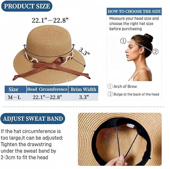 Strand Sol Stråhatte til Kvinder, Sommer Solbeskyttelse Sammenfoldelig Pakbar Bredskygget Hat Beige