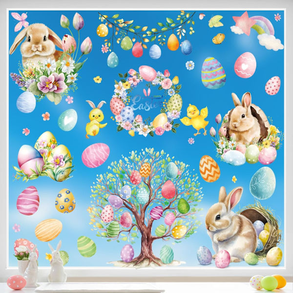 Easter Window Stickers 9 Sheets - Easter Decoration with Easter Bunny, Chick & Easter Egg Reusable Window Decoration F12