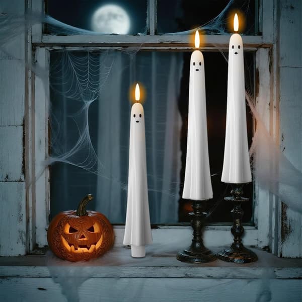 2 Pcs Halloween Ghost Candles LED Flameless, Real Wax with Remote Control, Timer, and Flickering 3D Wick 2pcs