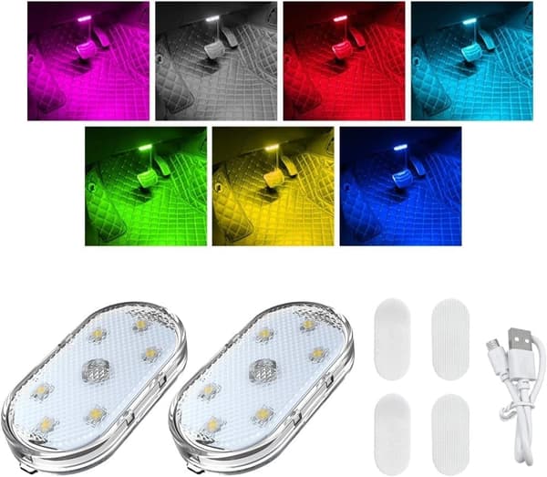 2/4-pakning trådløs LED-belysning for bil, USB-oppladbar kupébelysning MultiColor 2pcs
