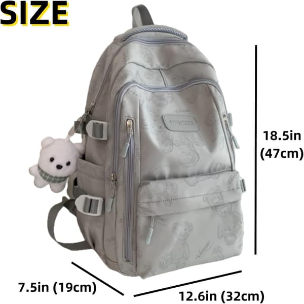 Girls' Backpack with Bear Pattern, Cute Nylon Backpack with Bear Pendant, Spacious Everyday and Travel Backpack 47x32x19 cm Green