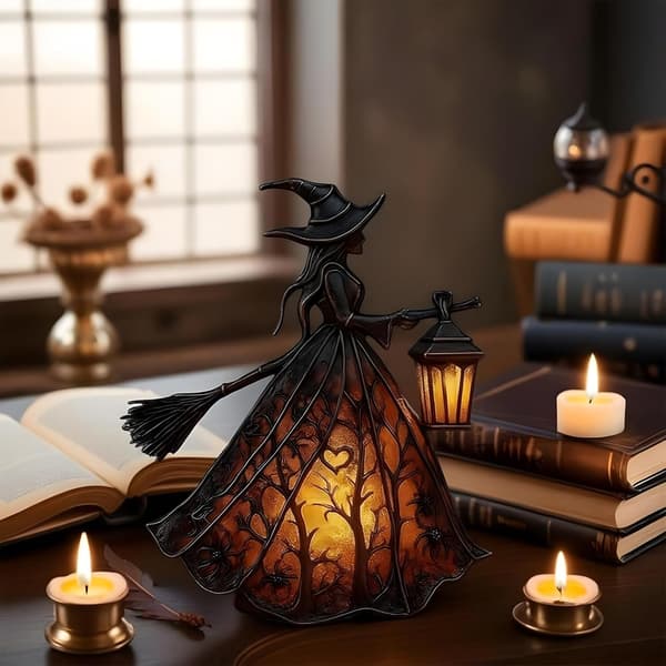 Halloween Witch Hat Table Lamp, Gothic LED Night Light, USB Powered Decorative Lamp for Home, Shelf, and Table, 16 cm