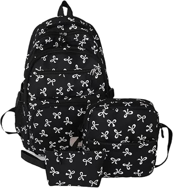 3-Piece Backpack Set with Bow, Large Daypack with Lunch Bag and Pencil Case for Work, Travel, and Everyday Use Black&White