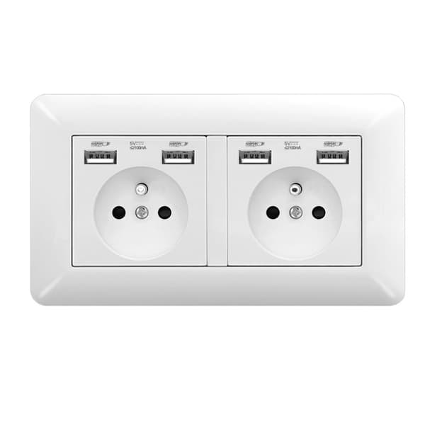 1/2 pc Double Wall Socket 16A with 4 USB Ports – Built-in Power Outlet White, Smartphone Charging 1-Pack
