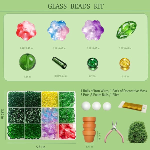 3000-delars Pärlkit Växter, Glaspärlor för Blommor och Gröna Blad med Krukor Verktyg och DIY Guide