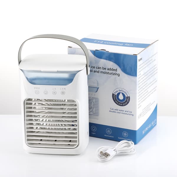 Bærbar luftkøler bordventilator, 3-i-1 fordampningskøler, 700 ml tank, 3 hastigheder, LED-lys, 6 timers timer