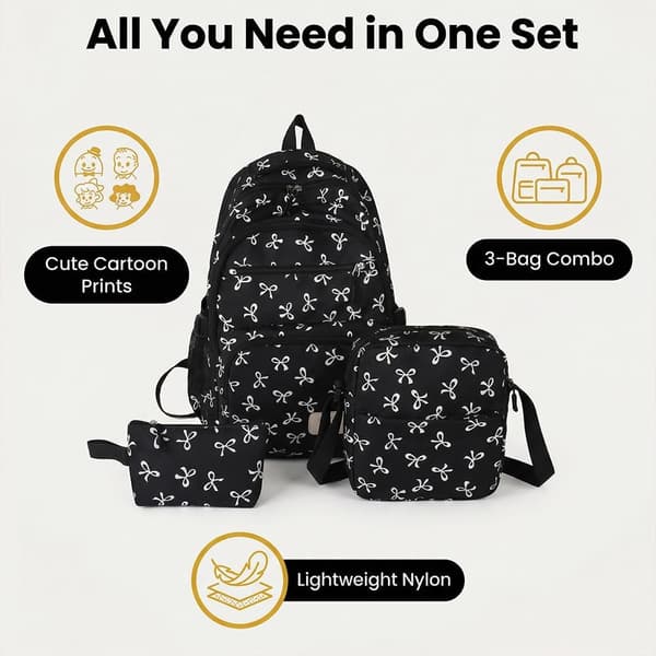 3-in-1 Women's Backpack with Bow, Cute and Spacious Laptop Backpack with Lunch Bag and Storage Pouch for Work and Travel Black&White