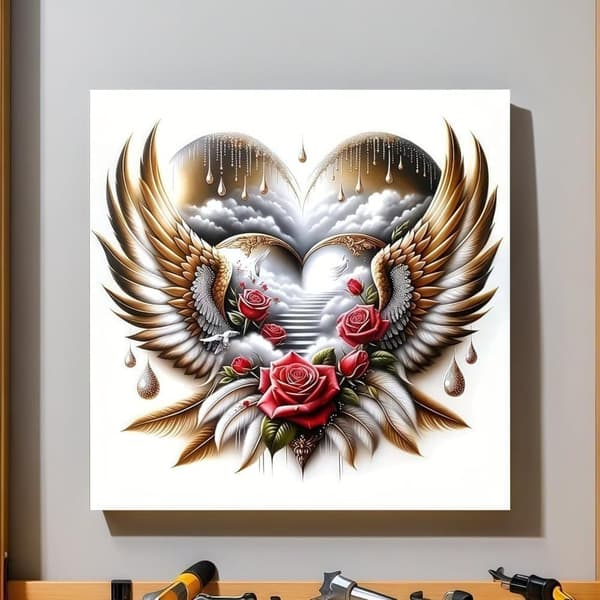 Hjerte & Engelvinge Diamantkunst - DIY Krystalsæt til Voksne, 35x35 cm