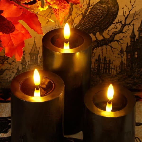 3-pack Black Halloween Flameless LED Pillar Candles with Flickering Effect, Remote Control and 2/4/6/8H Timer 3pcs