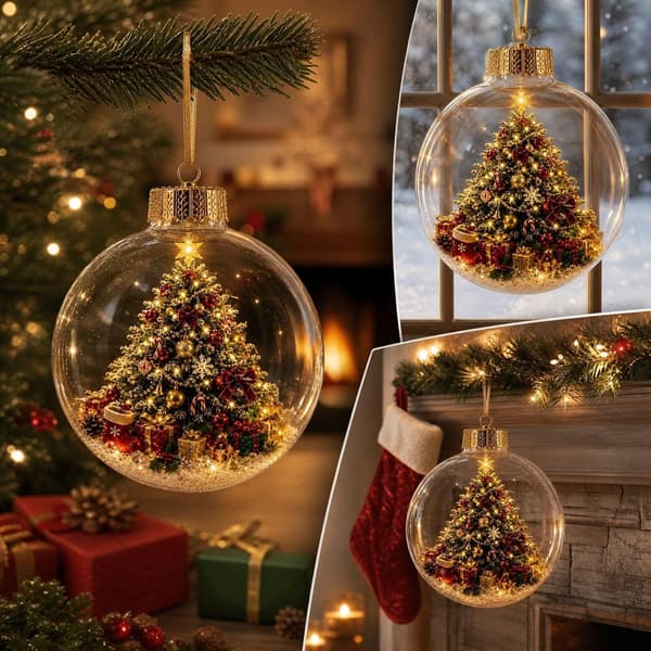 6 stk. selvlysende julekuler, mini julepynt med varmt LED-lys, gull juledekorasjon for juletre og peishylle