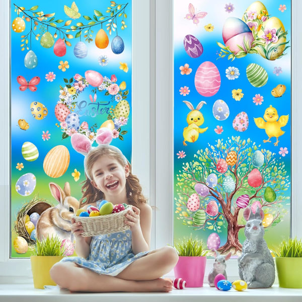 Easter Window Stickers 9 Sheets - Easter Decoration with Easter Bunny, Chick & Easter Egg Reusable Window Decoration F11
