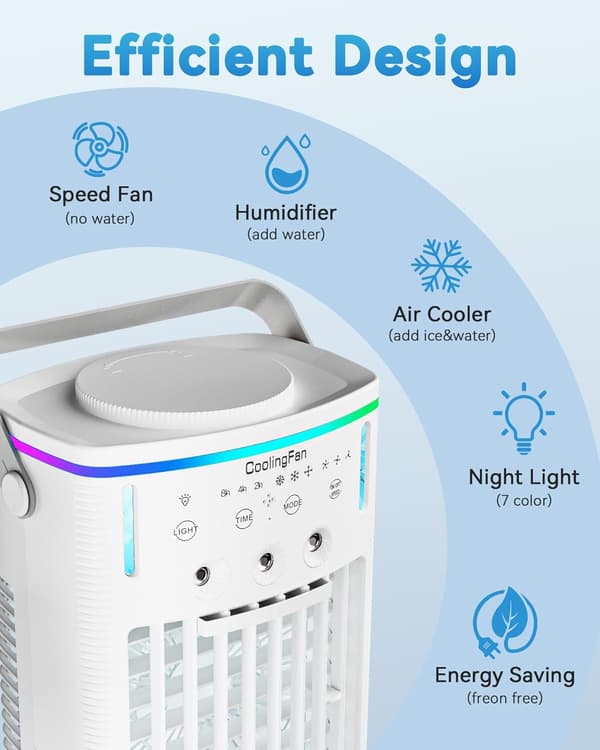 Bærbar aircondition, 3-i-1 mini AC med 1000 ml vandtank, 2/4/6 timers timer, 7 LED-lys, USB-køleventilator til kontoret