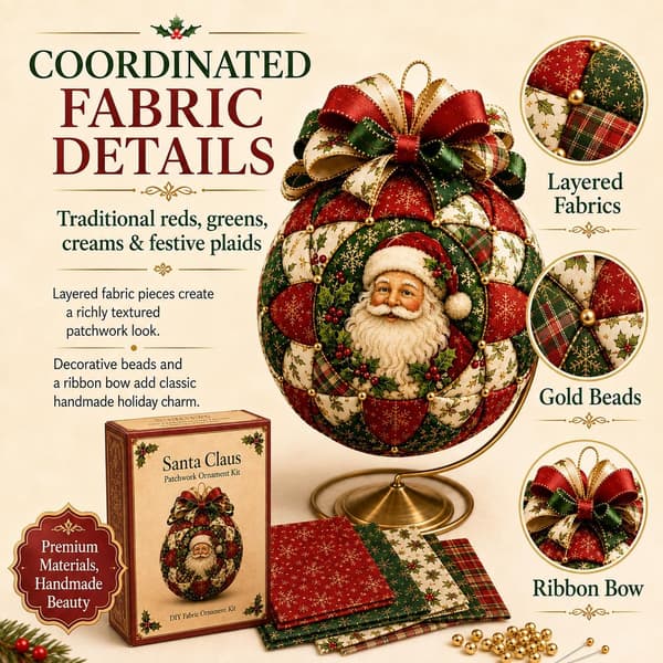 No-Sew Christmas Craft, DIY Patchwork Christmas Tree Ornament with Fabric, Beads, and Ribbon for the Christmas Tree Nutcracker