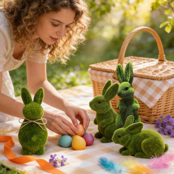 4-Pack Easter Bunny Figurines Flocked – Easter Decoration Rabbit Green, Easter Decor for Table, Shelf, Garden & Home