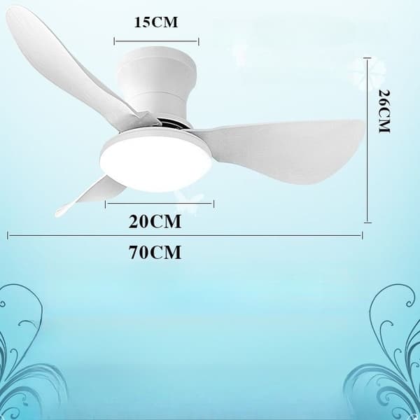 Ceiling fan with LED lighting 76 cm, 3 white ABS blades, remote control, low profile, 3 color temperatures, dimmable, 6 speeds White 70cm