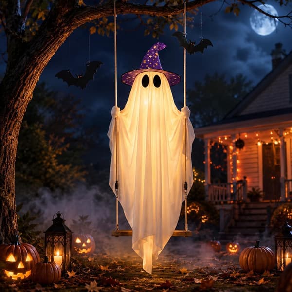 Large Hanging Ghost Halloween Decoration 3.35m, LED Lights, Bats and Witch Hat, Remote Control for Outdoor Use 1.5m