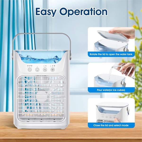 3-i-1 Bærbar Aircondition Bordventilator, 3 Hastigheder, 700 ml Fordampende Luftkøler, LED-lys, 6 timers timer