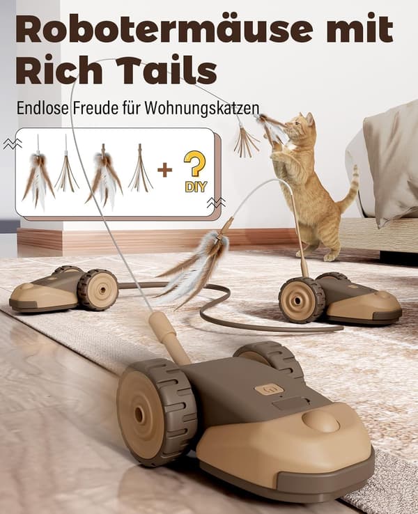 Interactive Electric Cat Toy 3-in-1 with Feathers and Silicone Tail – Self-Playing for Indoor Cats Coffee