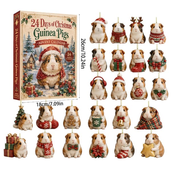 Adventskalender 2026 med 24 marsvin, 2D akrylpynt og samlefigurer, julekalender for marsvinelskere