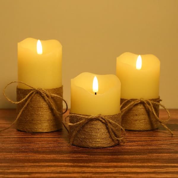 3-pack Flameless LED Pillar Candles with 3D Flickering Wick and Jute Rope, Remote Control and Timer, 10/13/15 cm Swinging + Remote Control