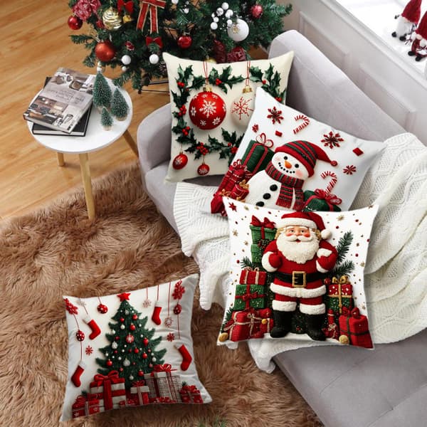 Christmas Pillow Covers 4-pack 45x45 cm – Soft Decorative Pillowcases with Santa, Christmas Tree, Wreath & Snowman for Sofa