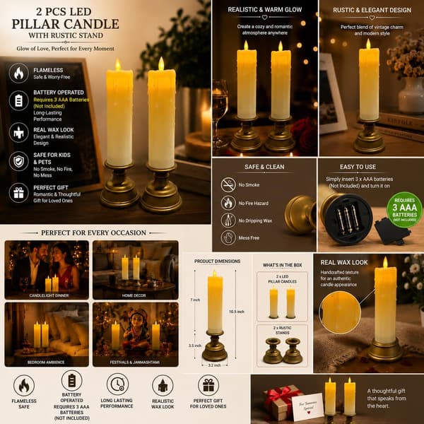 2-pack LED-pelarljus med rustik hållare, romantisk belysning för par, sovrum, hem och middag med levande ljus Gold 29cm
