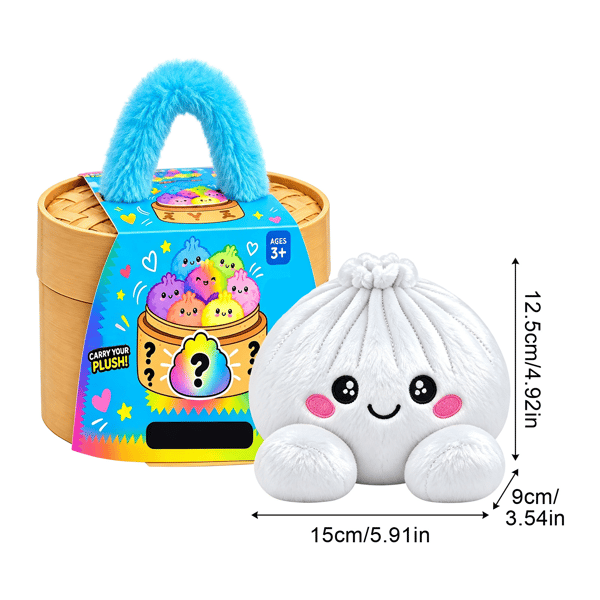 Dumpling Squishy i blødt plys, 15 cm, klemmelegetøj og fidget-legetøj i dumpling-form med dampkoger, hvid