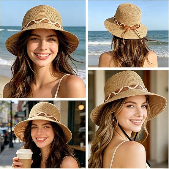 Strand Sol Stråhatte til Kvinder, Sommer Solbeskyttelse Sammenfoldelig Pakbar Bredskygget Hat Beige
