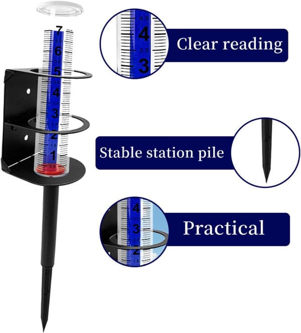 Rain gauge for garden, tall model with adjustable height, ground spike and large clear numbers for lawn