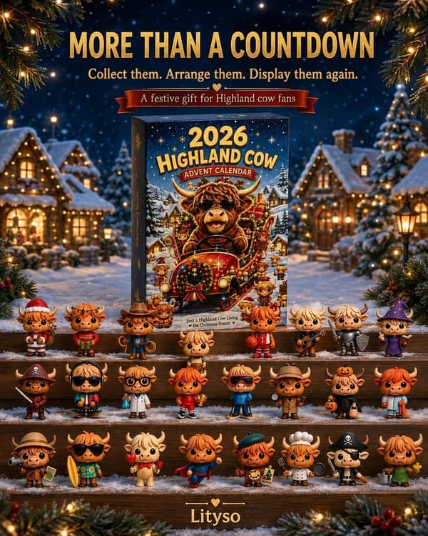 Julekalender 2026 Highland Ko, 24 dage med 3D-ko-figurer, Julekalender, Samlerfigurer og Julepynt