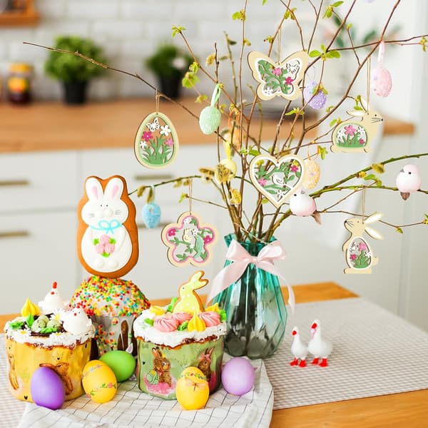 24-Pack Easter Wooden Hangers – Easter Decoration with Easter Bunny, Easter Eggs, Butterflies & Flowers Spring Decoration Pink