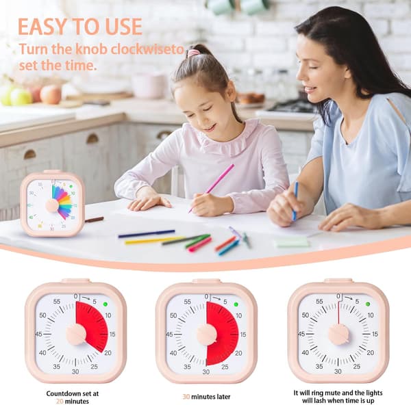 Visuel Timer 60 Minutter, Nedtællingstimer med Regnbuedesign, Lydløs Timer til Klasseværelse, Studier, Kontor og Køkken Pink