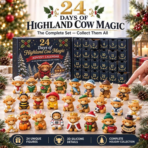 Julekalender 2026 Highland Ko, 24 Dage med 3D PVC Figurer, Julekalender med Samlerfigurer og Julepynt